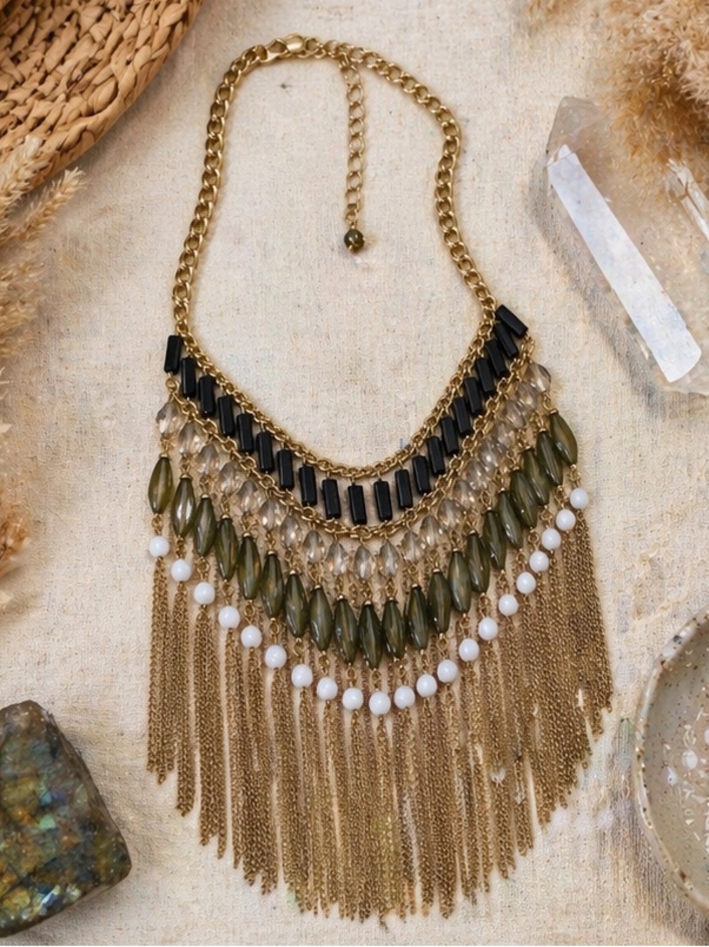 Boho Gold Fringe Statement Necklace nOir Black Olive Beaded Layered Festival
